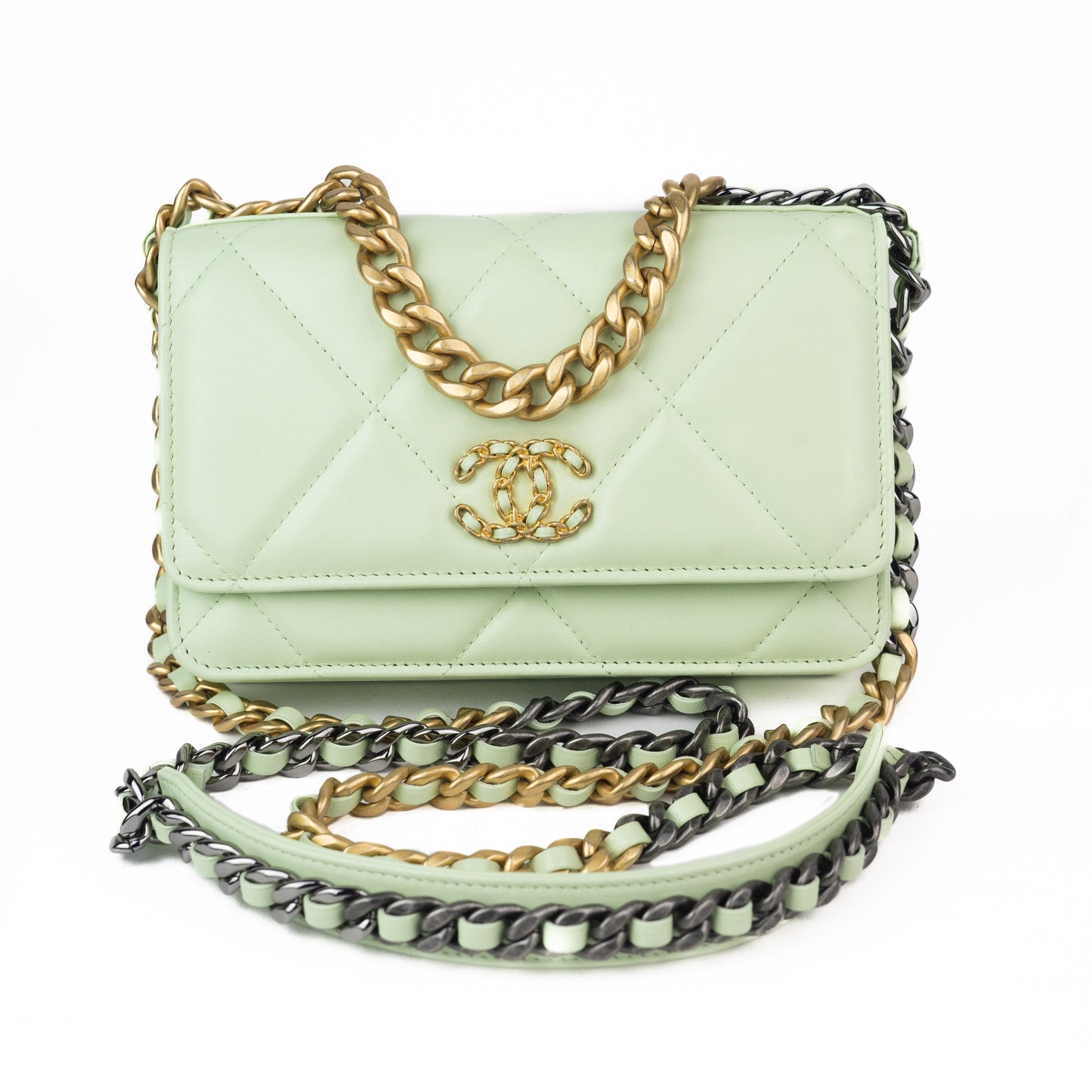 Chanel Lambskin Quilted 19 Wallet on Chain in Light Green