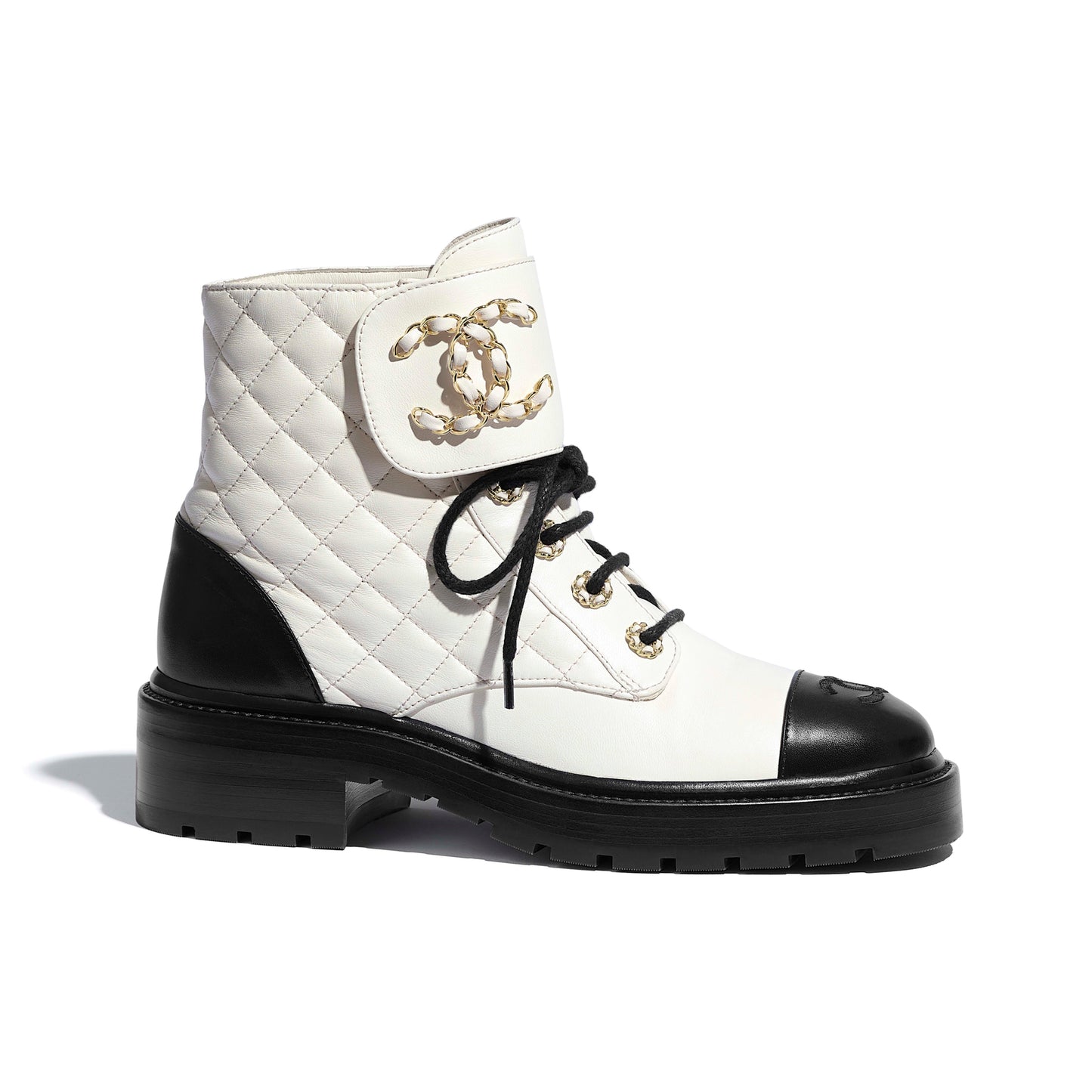 Chanel Women Lace Up Boots White and Black