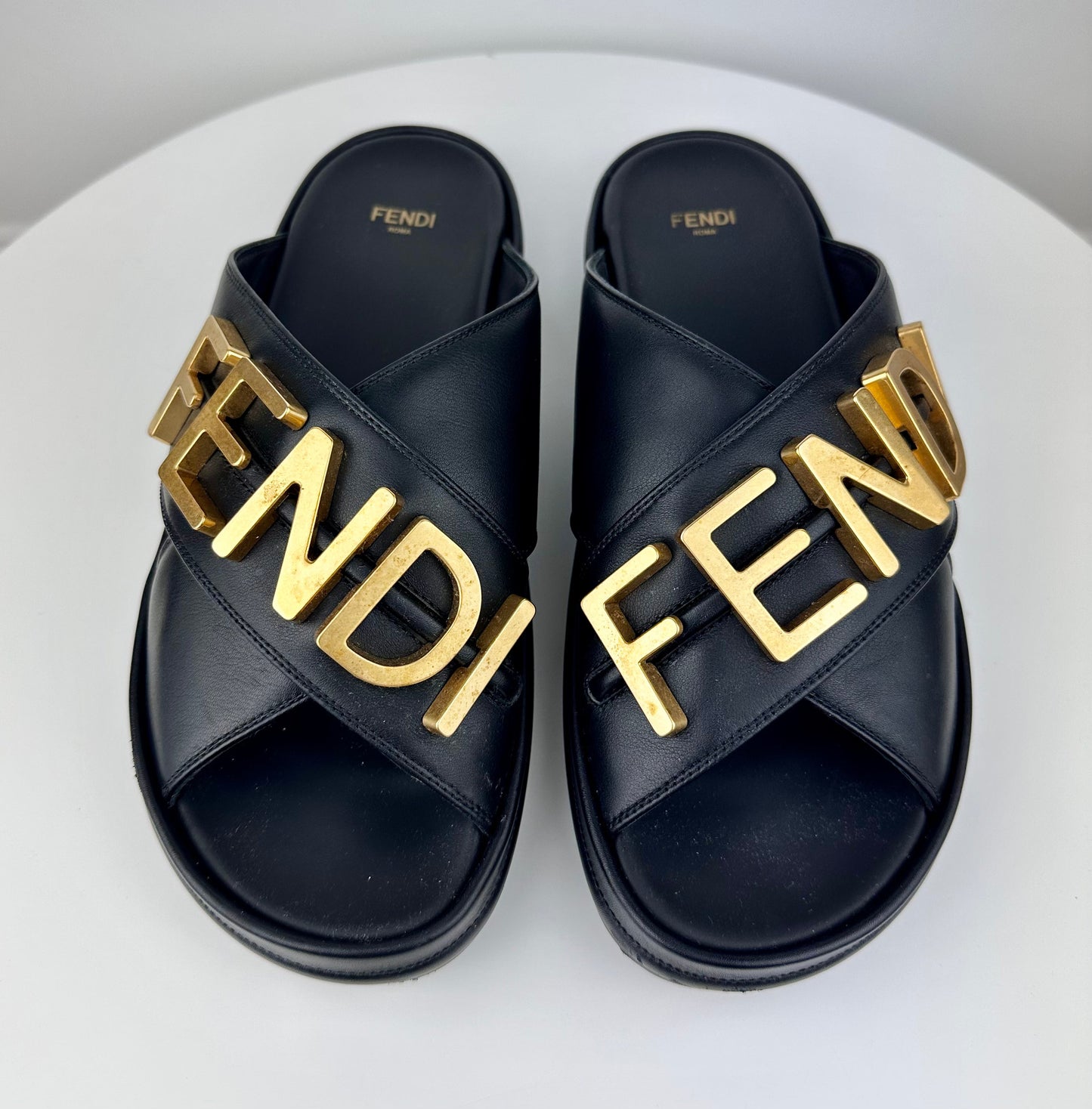 Fendi Vitello Logo Black Leather Sandals