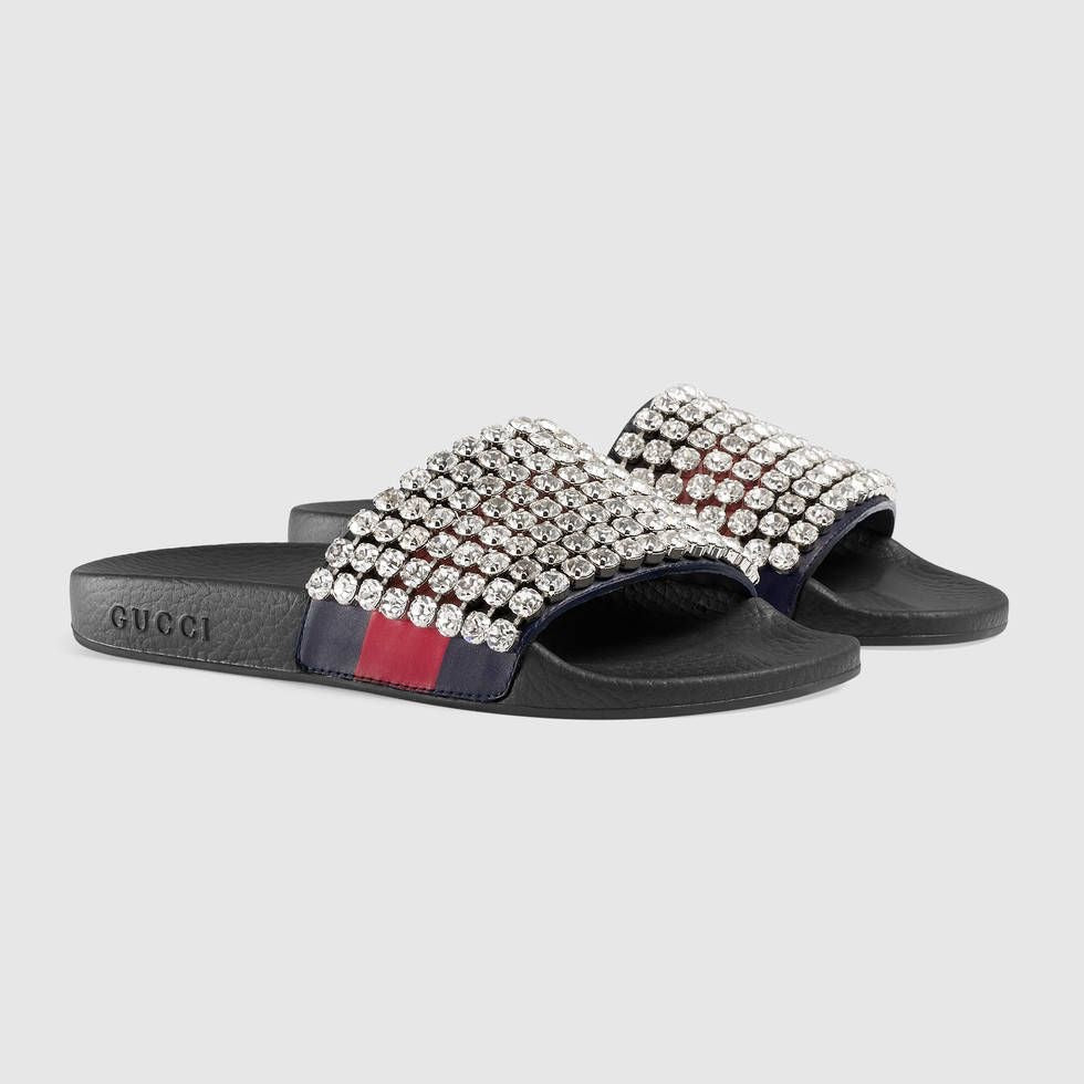 Gucci Crystal-embellished leather and rubber slides
