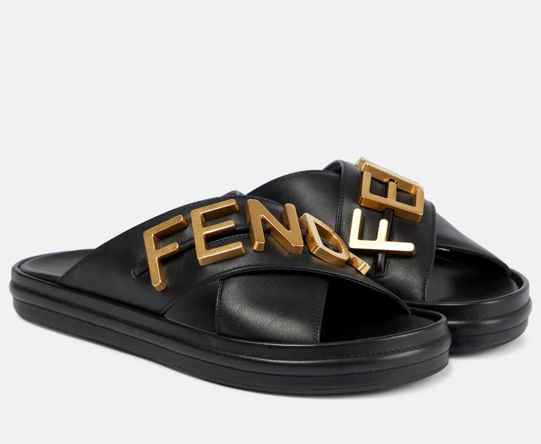 Fendi Vitello Logo Black Leather Sandals