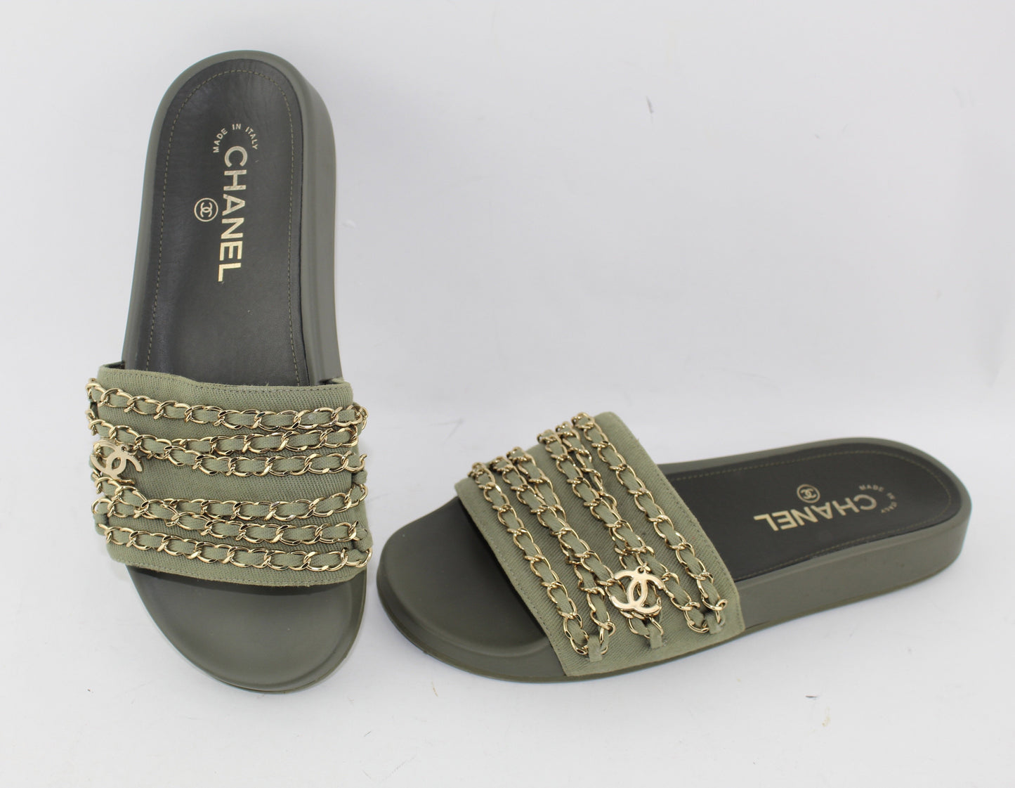 CHANEL CANVAS CHAIN SLIDES SIZE 41