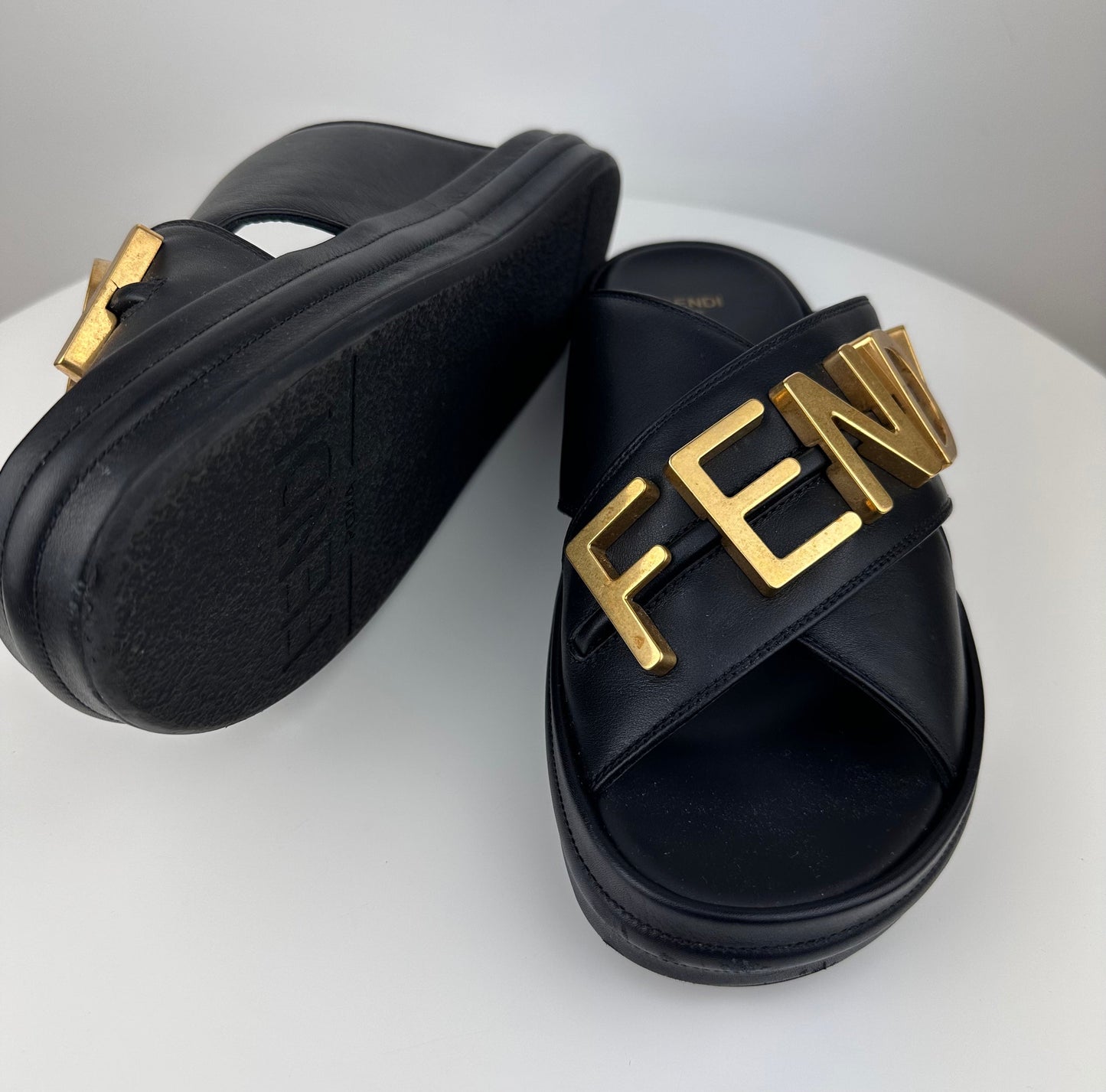 Fendi Vitello Logo Black Leather Sandals