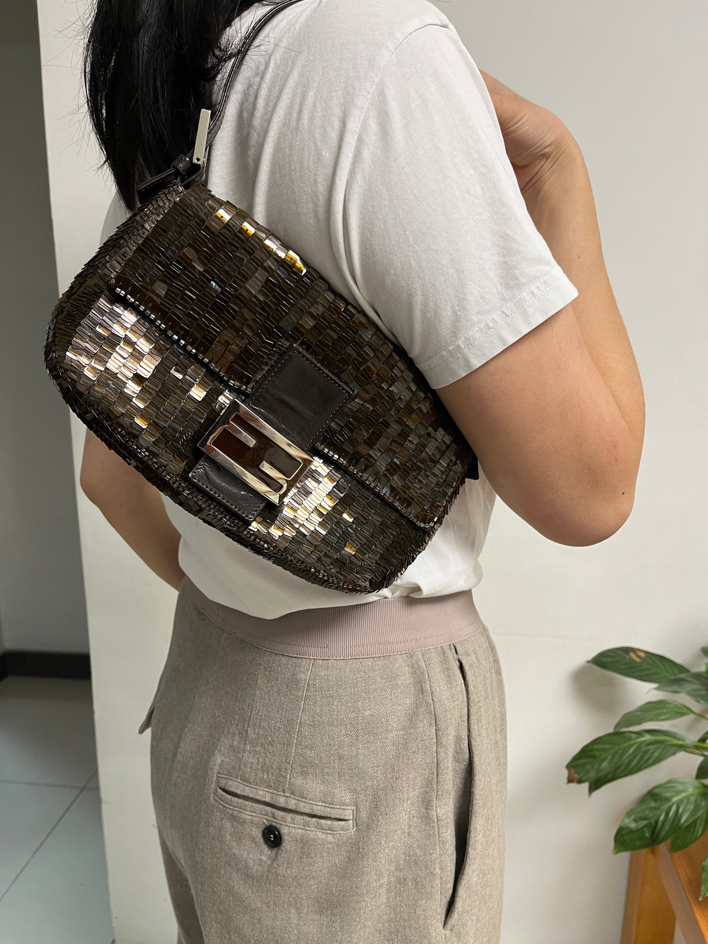 FENDI Baguette chocolate brown sequins excellent condition
