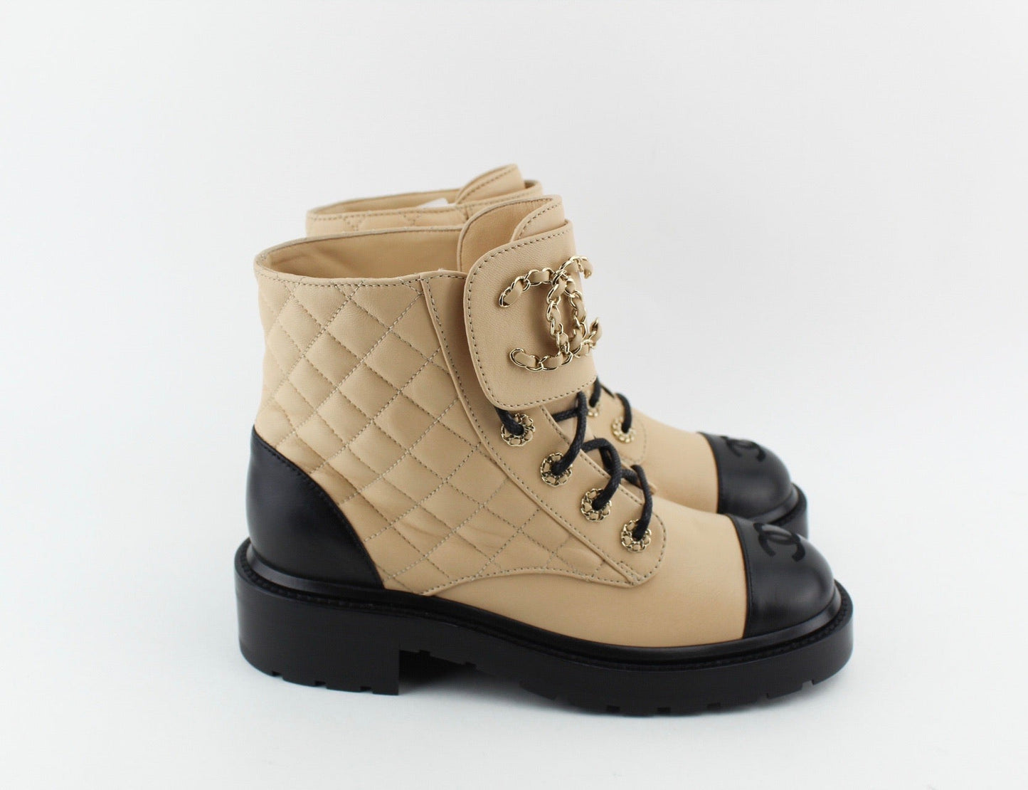 Chanel Women Lace Up Boots Beige and Black