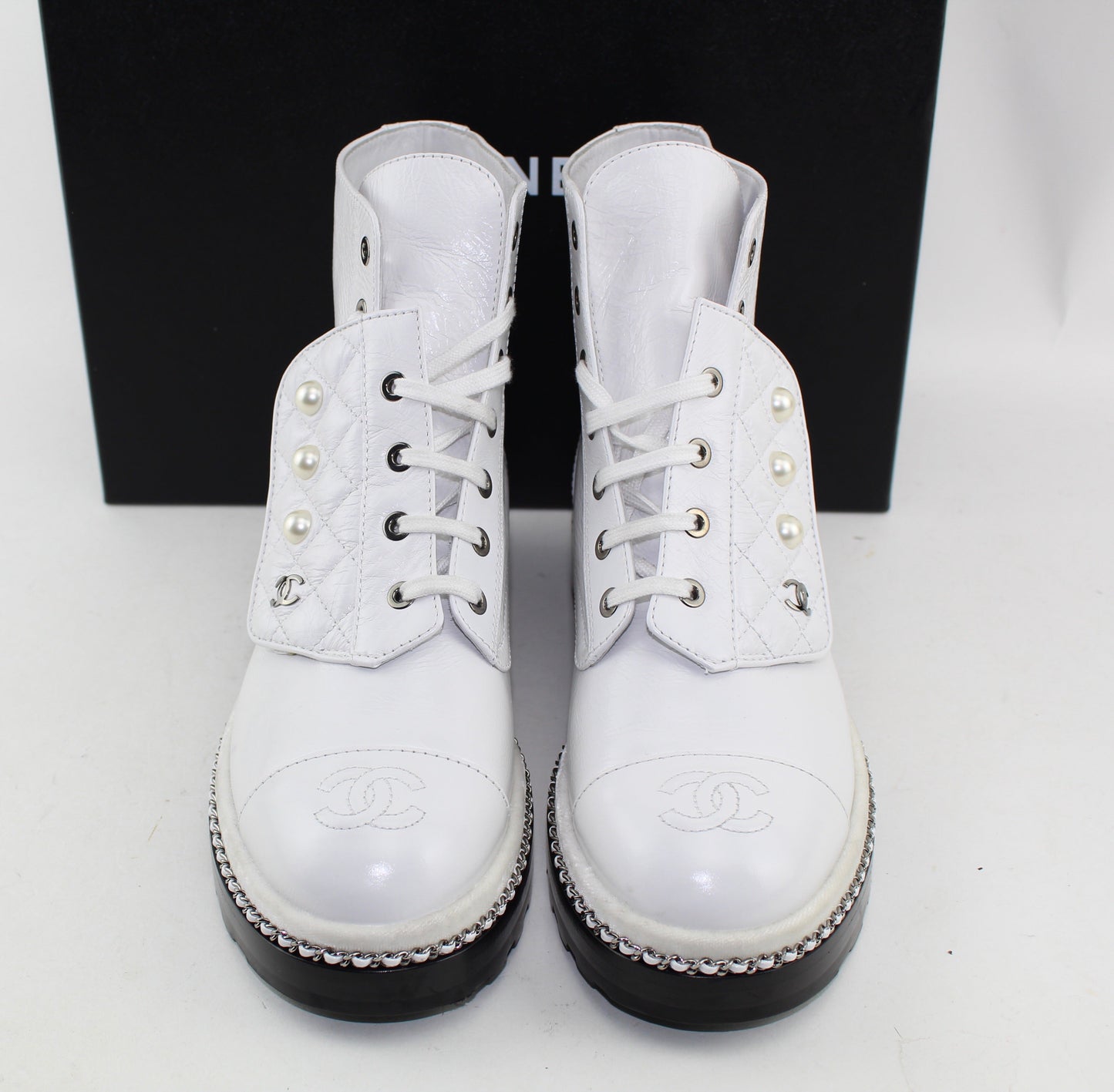 CHANEL CRACKLED CALFSKIN PEARL CHAIN CC BOOTS SIZE 40