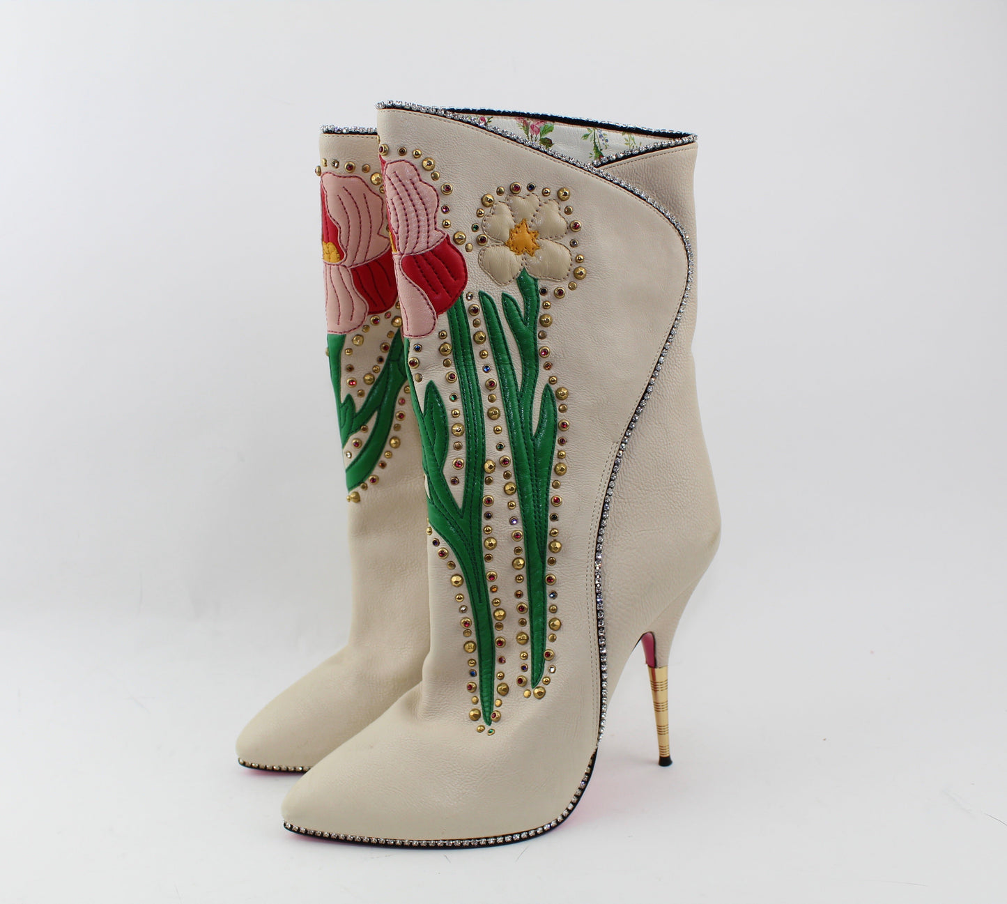 GUCCI FOSCA FLORAL-EMBROIDERED LEATHER BOOT SIZE 39