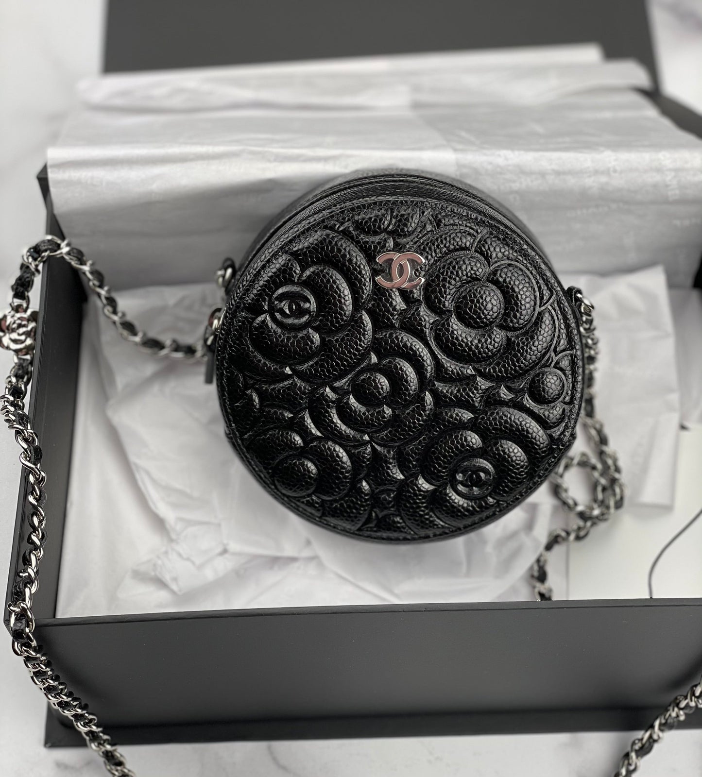 Chanel Purple Vanity x Lambskin Mini classic x Camellia Round Crossbody Raffle