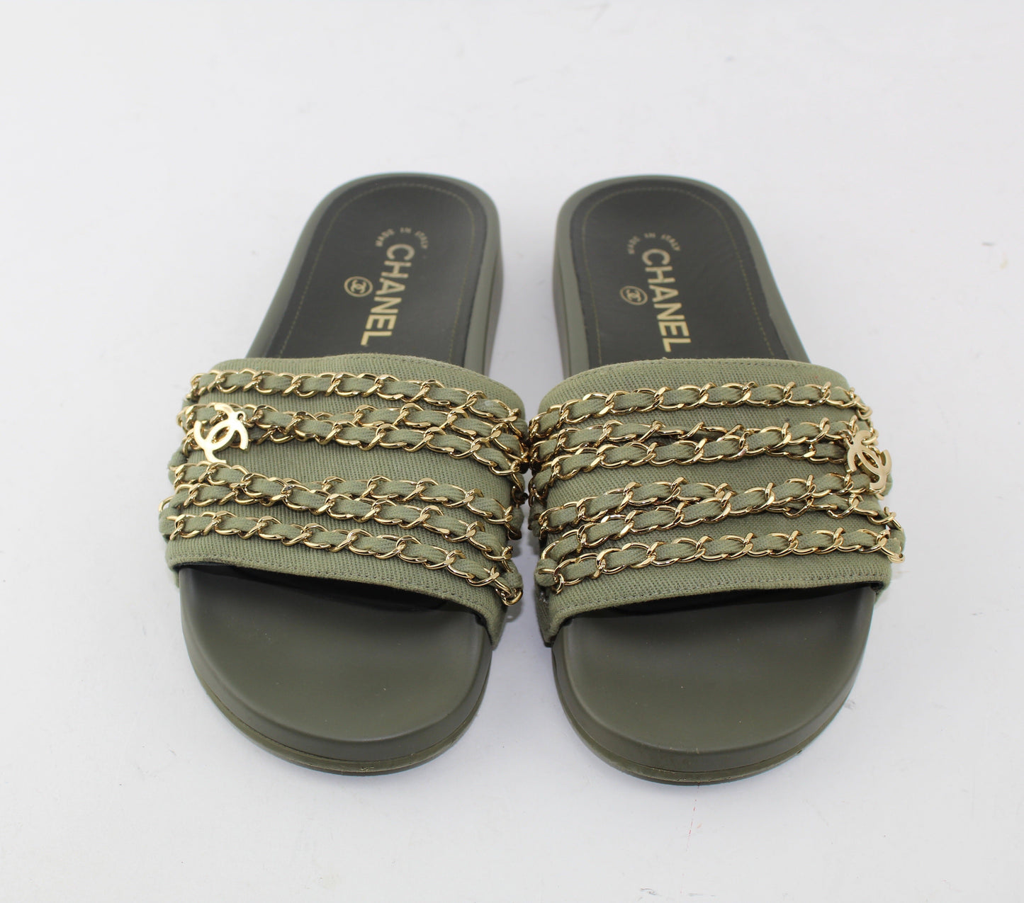 CHANEL CANVAS CHAIN FLAT SANDALS SIZE 38