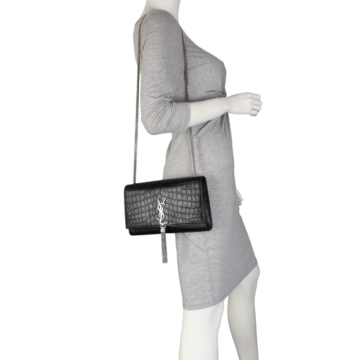 Saint Laurent Kate Tassel Medium Chain Bag Croc-Embossed