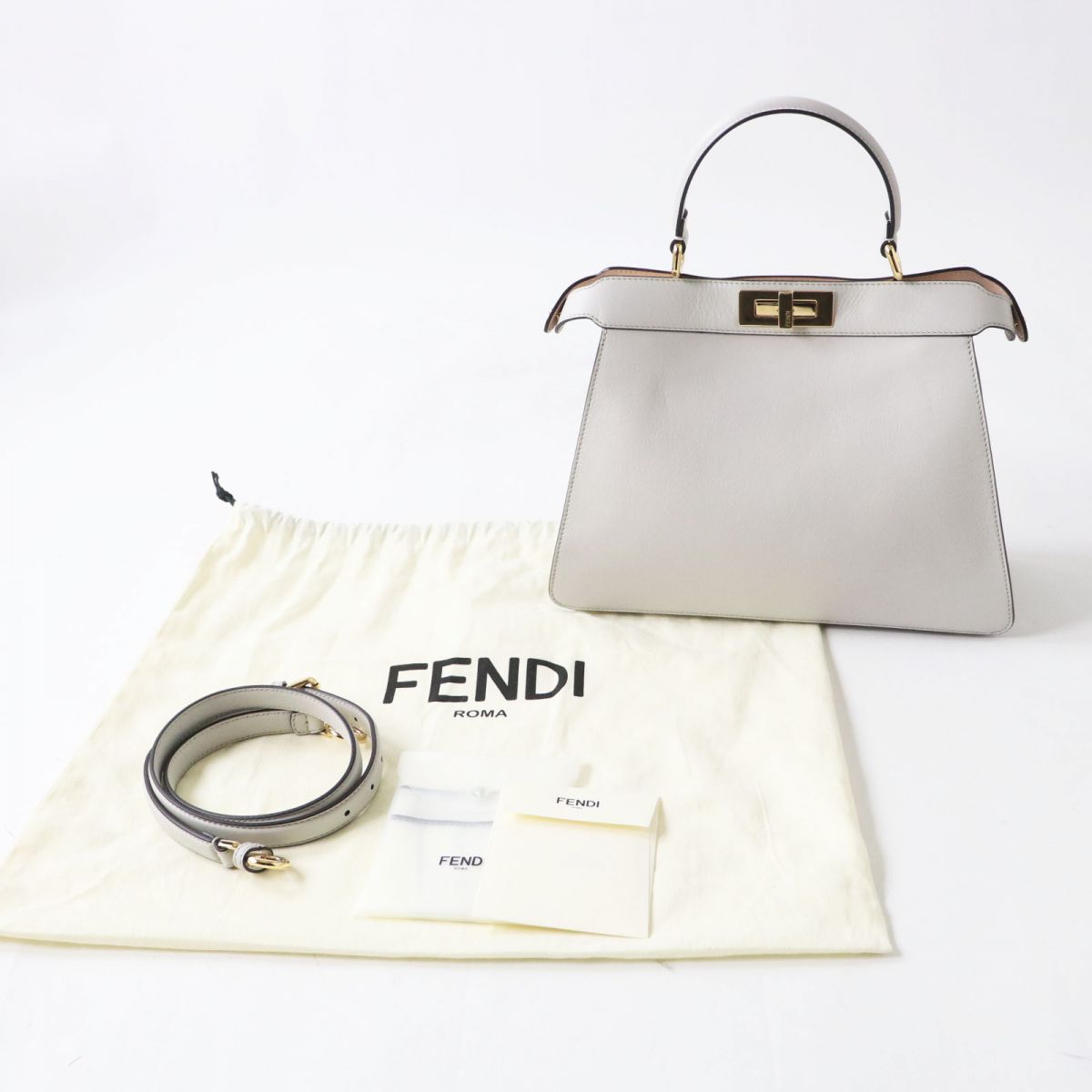 FENDI Shoulder Bag leather Light Gray x Gold Metal