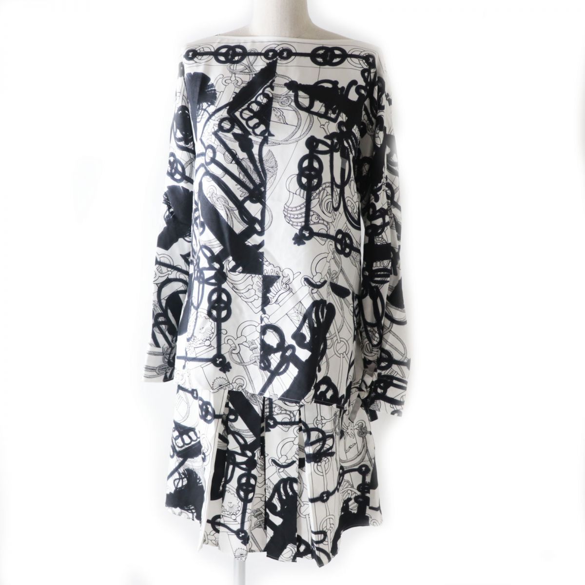 HERMES setup Outer: 100% silk, part: lamb leather Black x white<br>Cliquetis Tattoo Aquarelle Women 34