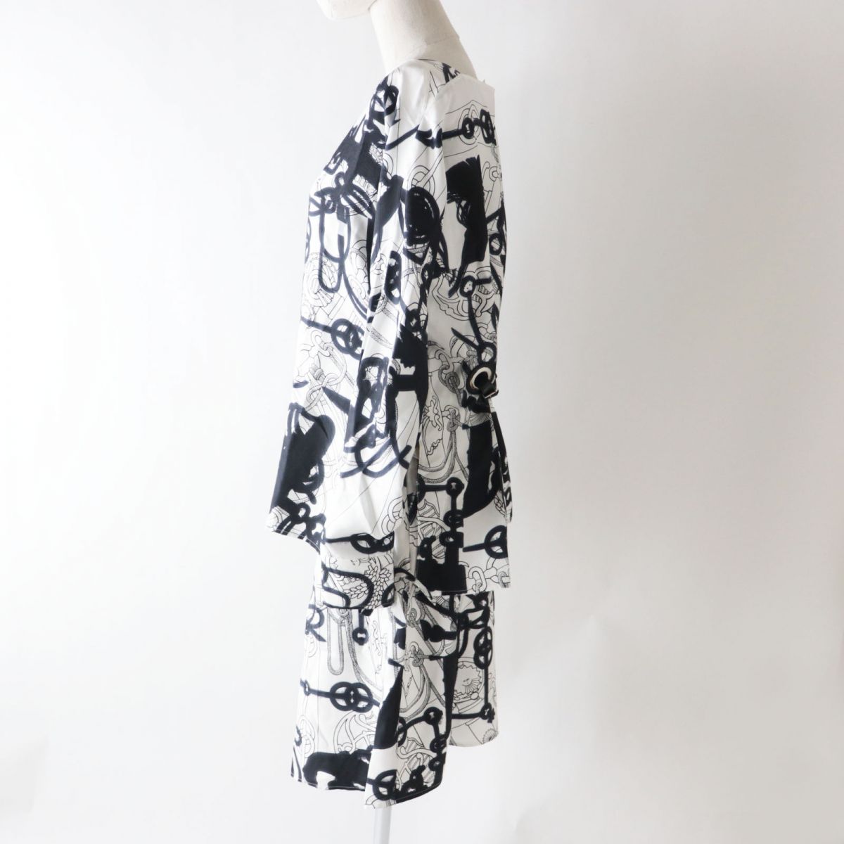 HERMES setup Outer: 100% silk, part: lamb leather Black x white<br>Cliquetis Tattoo Aquarelle Women 34