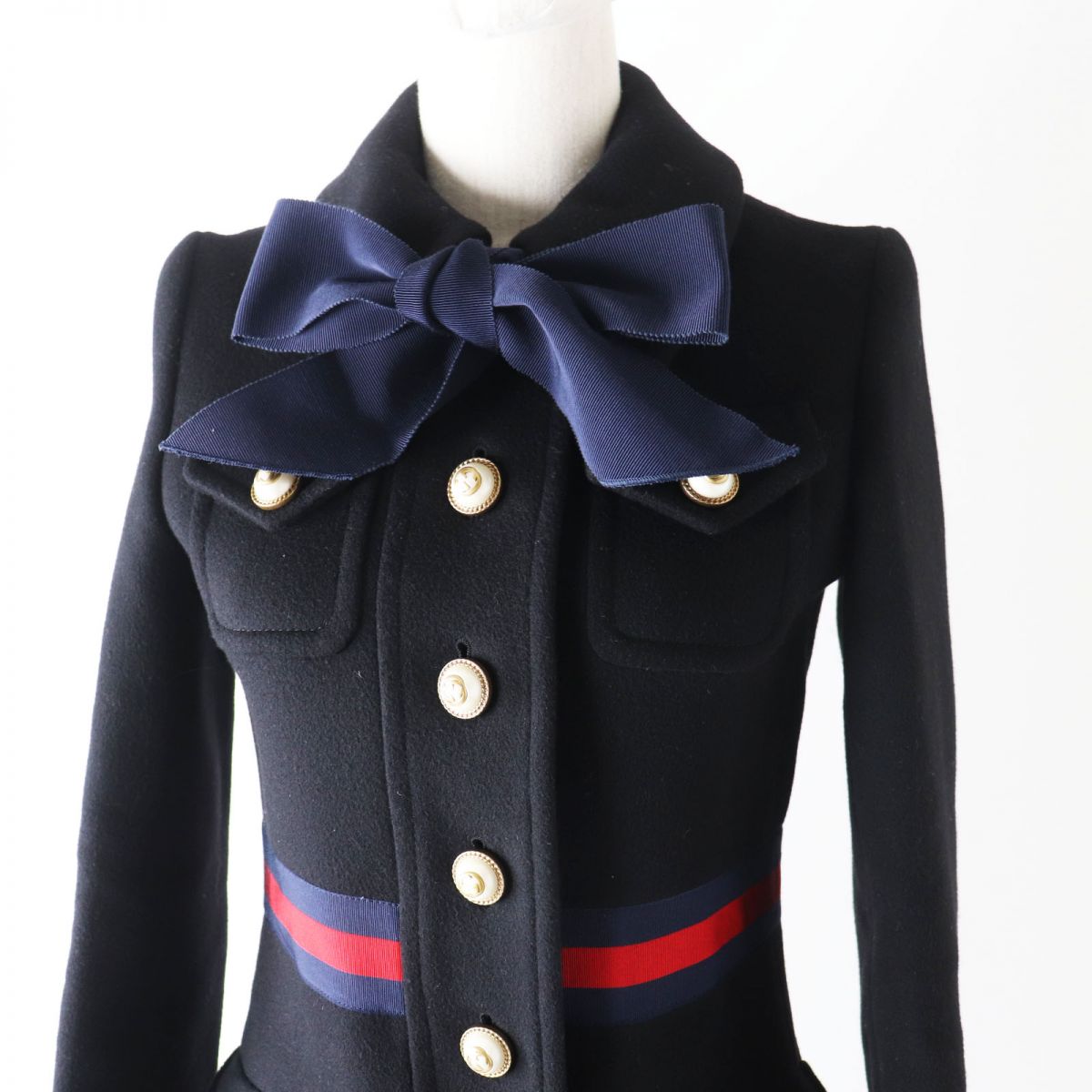 GUCCI coat Outer: 100% wool, part: 65% rayon, part: 35% cotton, part: 50% cotton, part: 50% rayon Black x Navy x Red Women 36