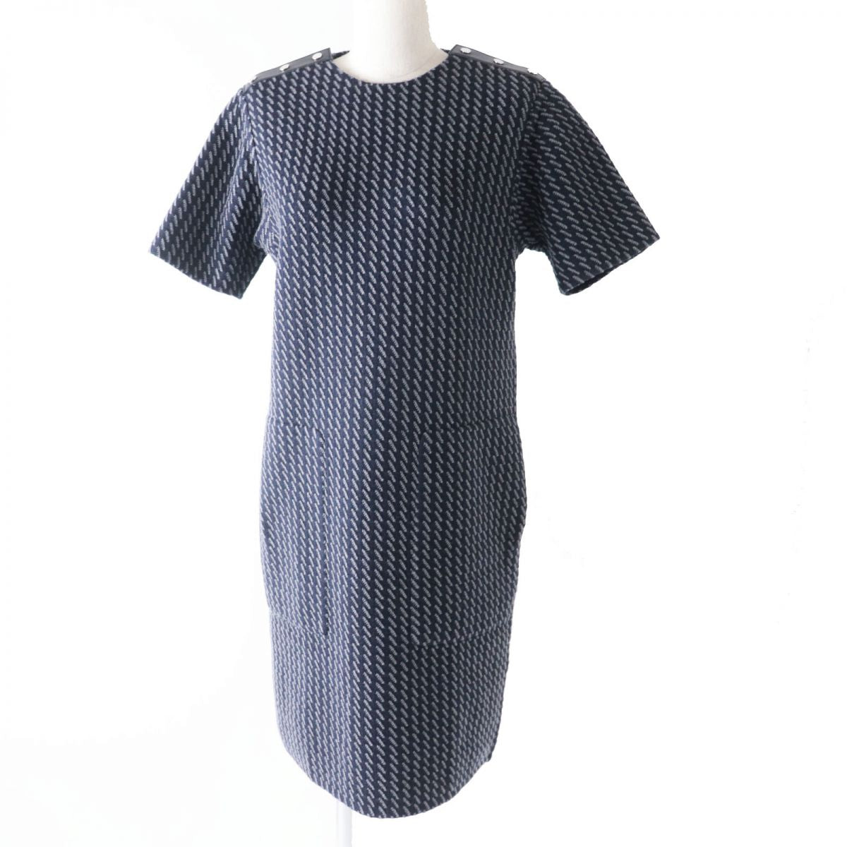 HERMES one piece Main: 99% wool, Main: 1% nylon, Part: Lamb leather Navy x Gray All-over Pattern Women 36