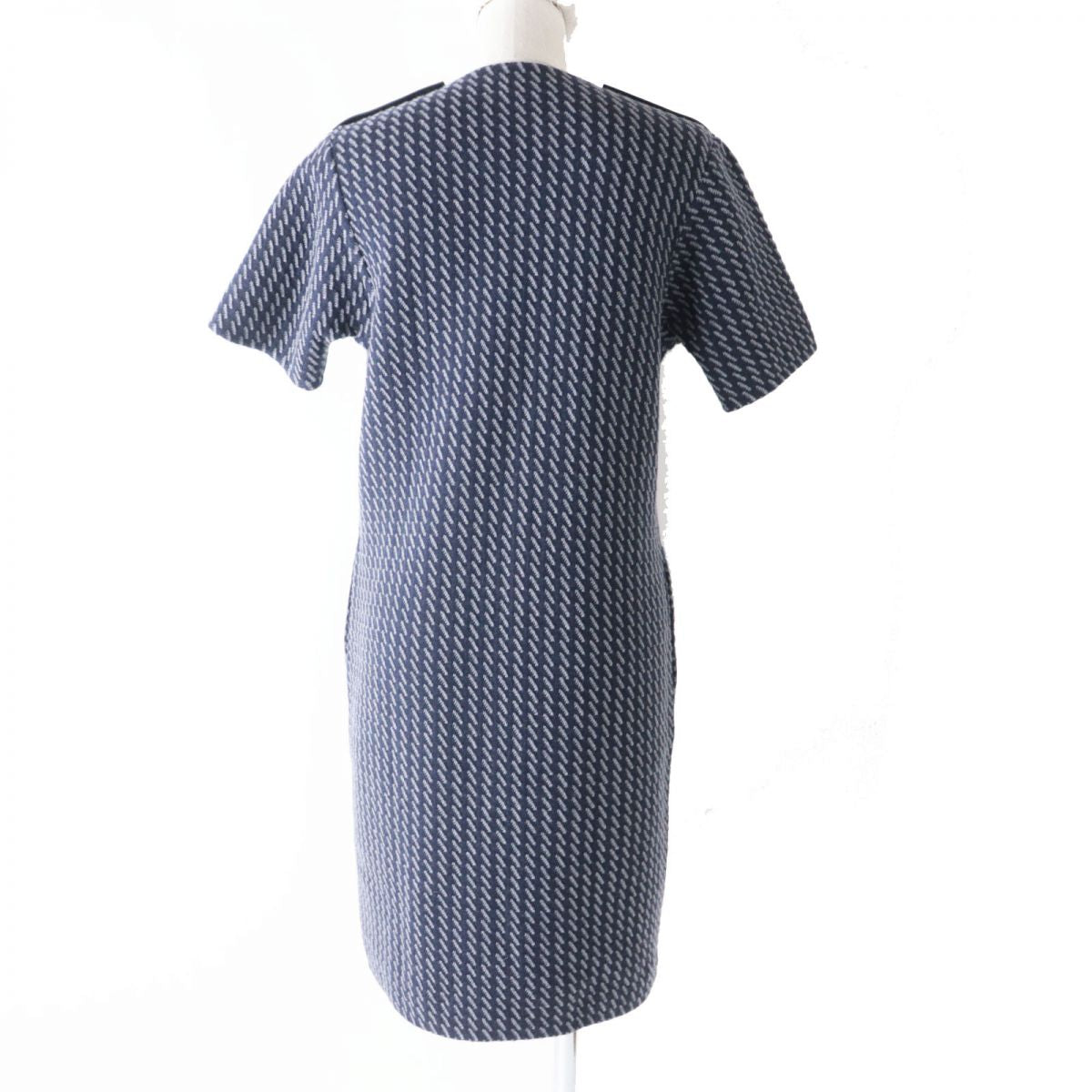 HERMES one piece Main: 99% wool, Main: 1% nylon, Part: Lamb leather Navy x Gray All-over Pattern Women 36
