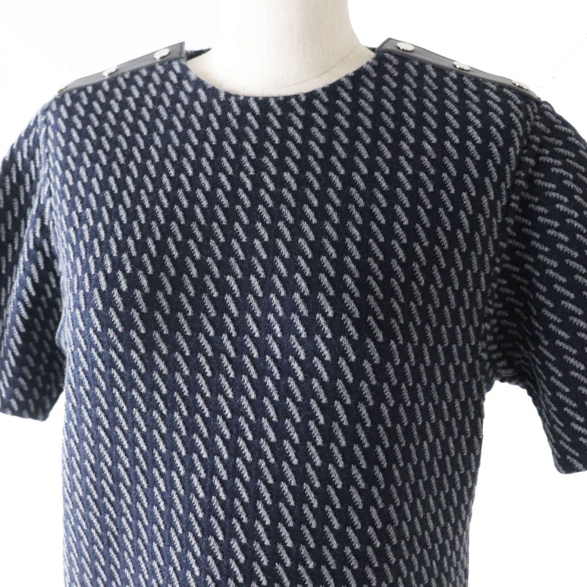 HERMES one piece Main: 99% wool, Main: 1% nylon, Part: Lamb leather Navy x Gray All-over Pattern Women 36