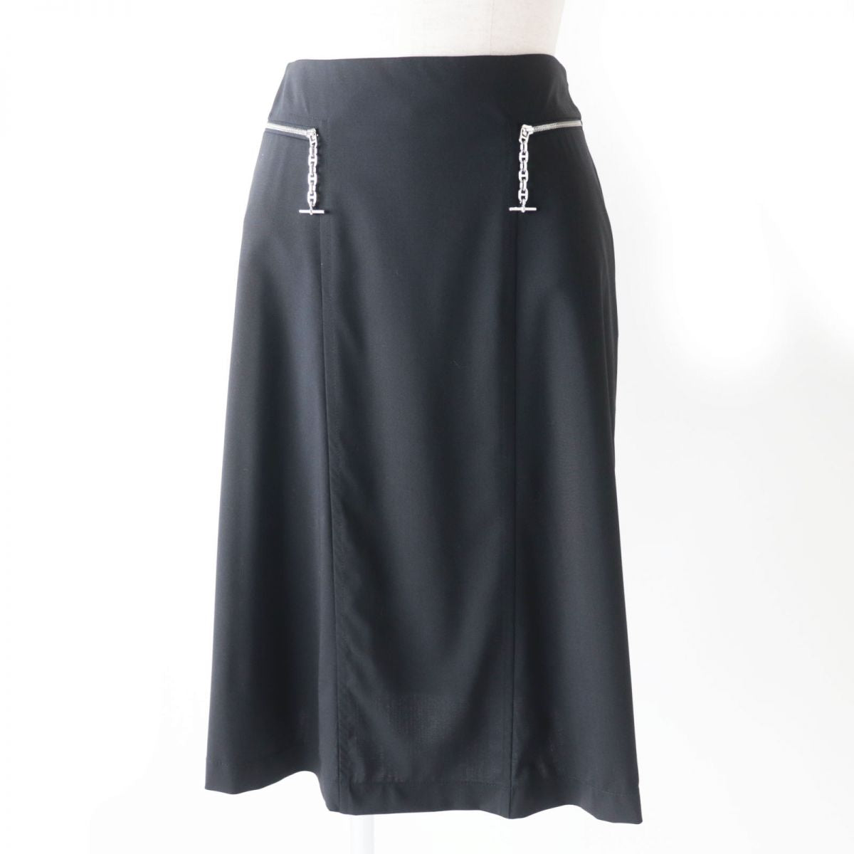 HERMES skirt Outer: 100% wool, Lining: 88% rayon, Lining: 12% polyester Black x Silver Metal Women 34