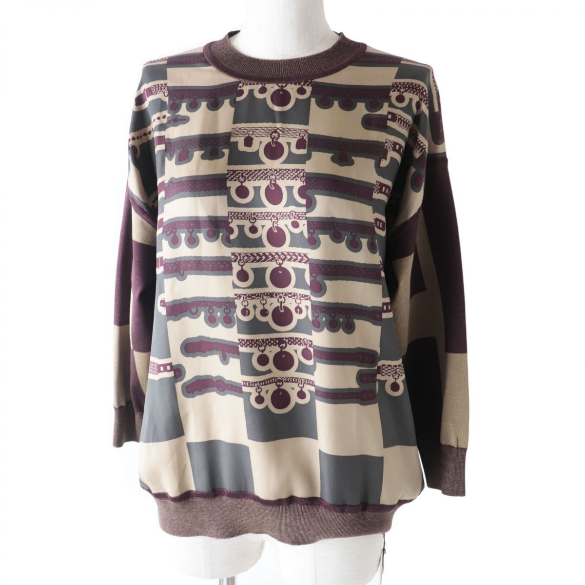 HERMES knit Main: 91% silk, Main: 7% nylon, Main: 2% polyurethane, Part: 100% silk Beige x Bordeauxx Dark Gray type<br> Le Tresorde Medor Rayure Twilen sweater Women 34