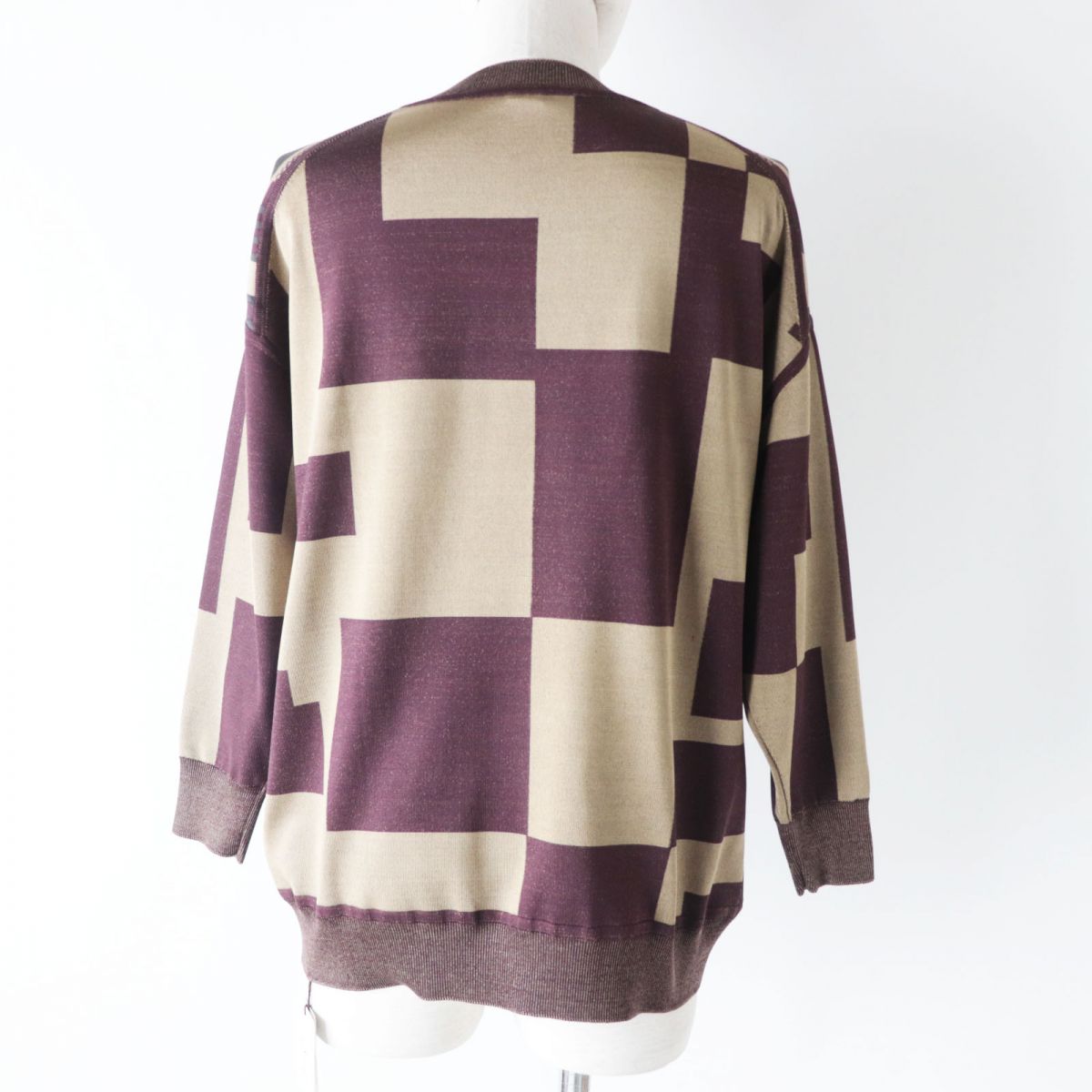 HERMES knit Main: 91% silk, Main: 7% nylon, Main: 2% polyurethane, Part: 100% silk Beige x Bordeauxx Dark Gray type<br> Le Tresorde Medor Rayure Twilen sweater Women 34