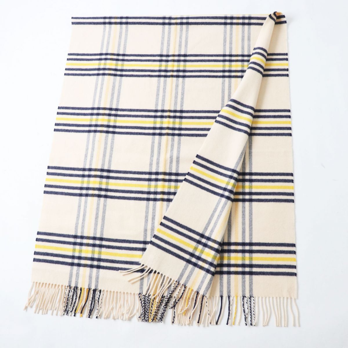 HERMES Scarf Image reference Light beige x navy x yellow<br> Check Pattern Women