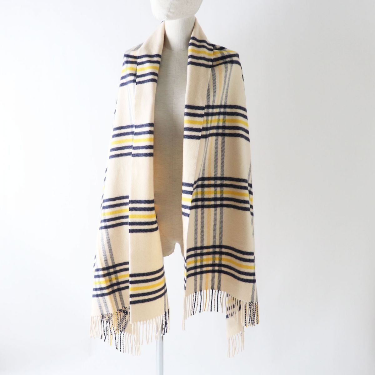HERMES Scarf Image reference Light beige x navy x yellow<br> Check Pattern Women