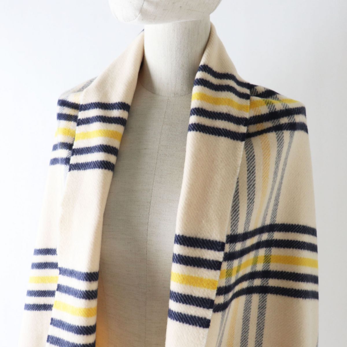 HERMES Scarf Image reference Light beige x navy x yellow<br> Check Pattern Women