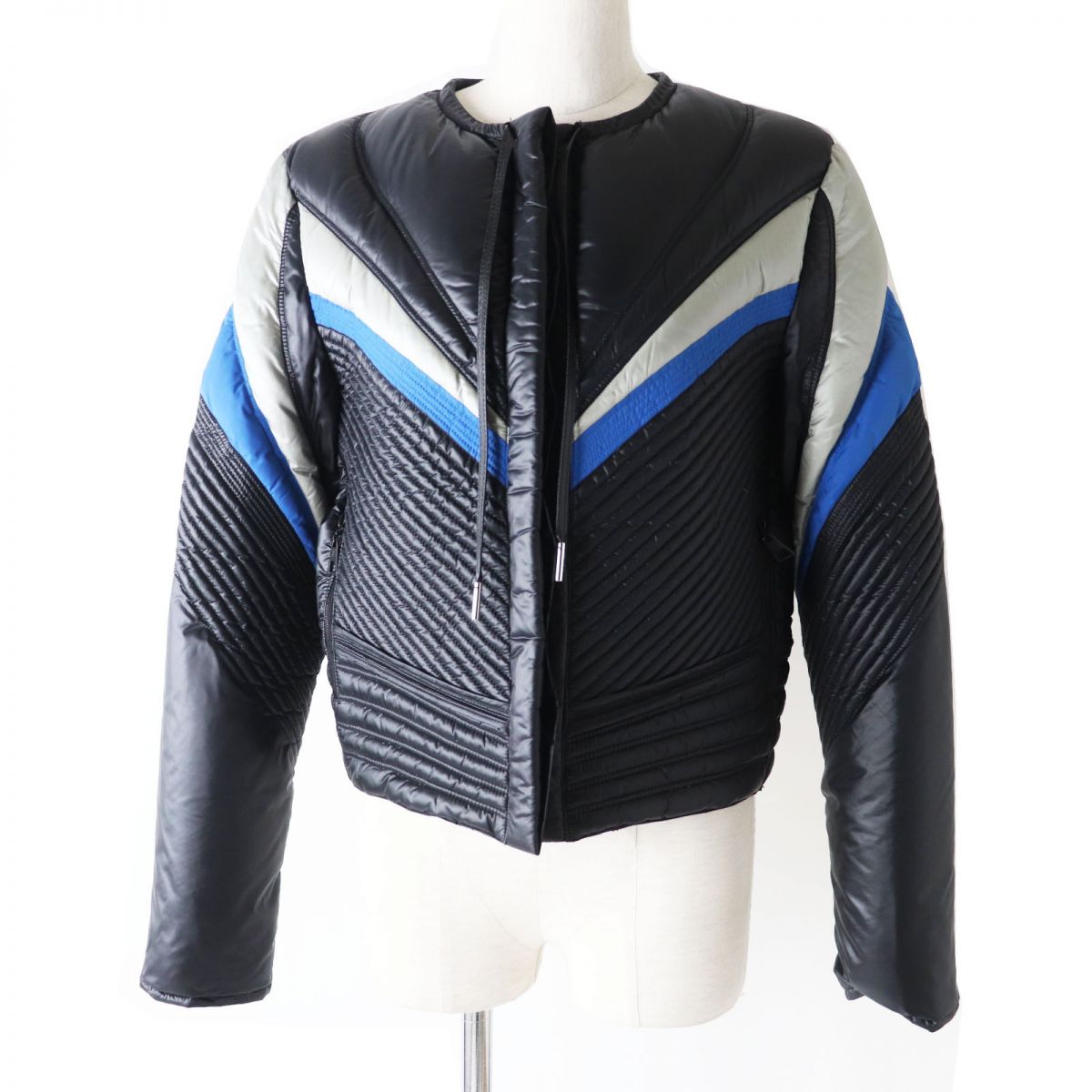 LOUIS VUITTON Blouson Outer: 100% nylon, Lining: 100% nylon, Part: Cowhide, Filling: 90% down, Filling: 10% feather Black x Grey x Blue Women 38