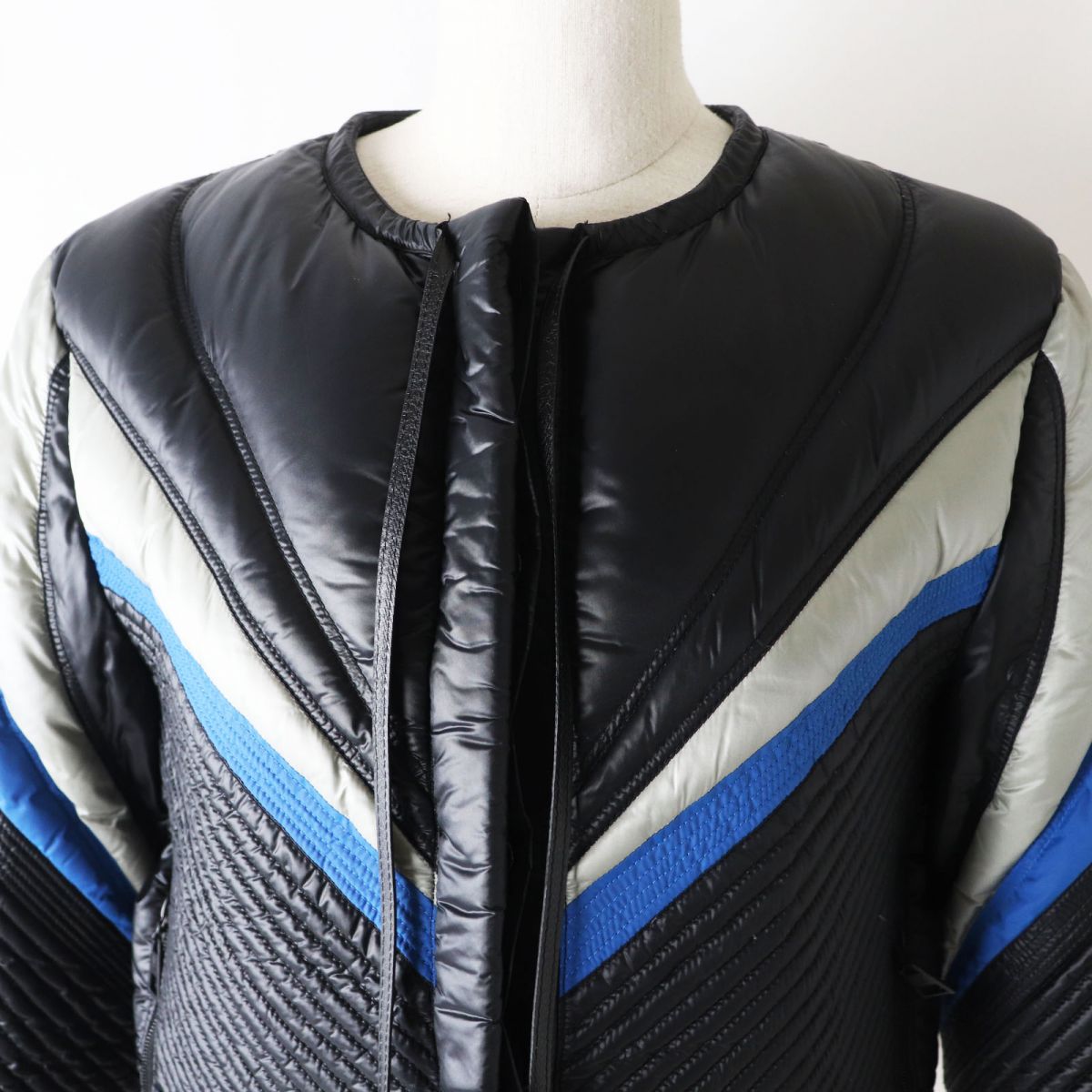 LOUIS VUITTON Blouson Outer: 100% nylon, Lining: 100% nylon, Part: Cowhide, Filling: 90% down, Filling: 10% feather Black x Grey x Blue Women 38