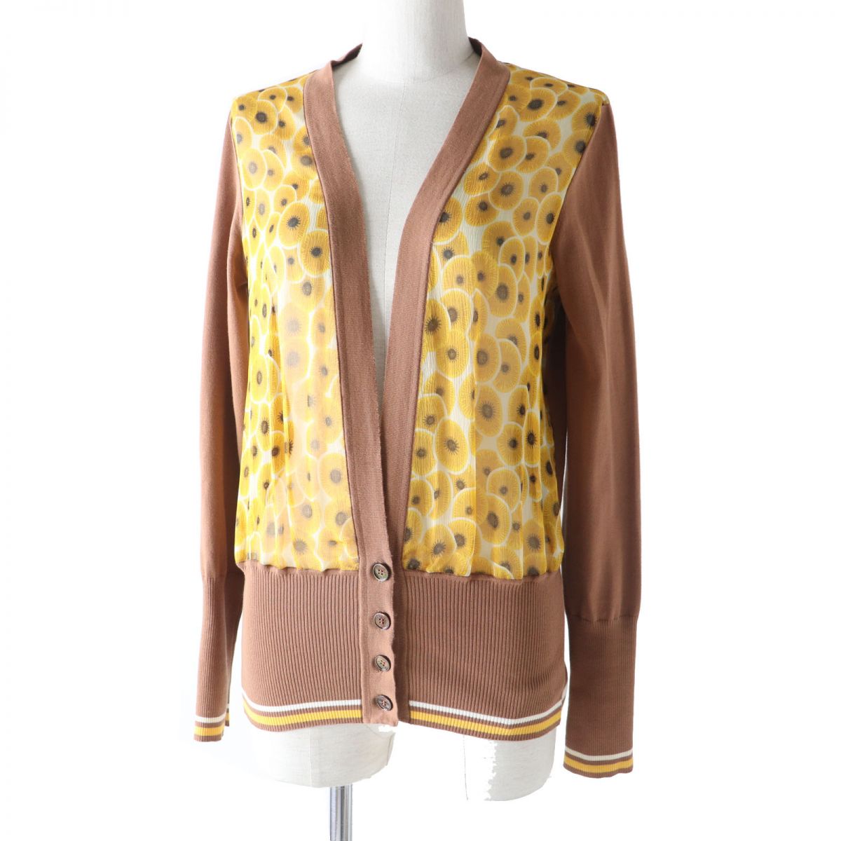 HERMES cardigan Part: 100% silk, Part: 100% cotton Brown x Yellow type (Sunflower Pattern) Women 38