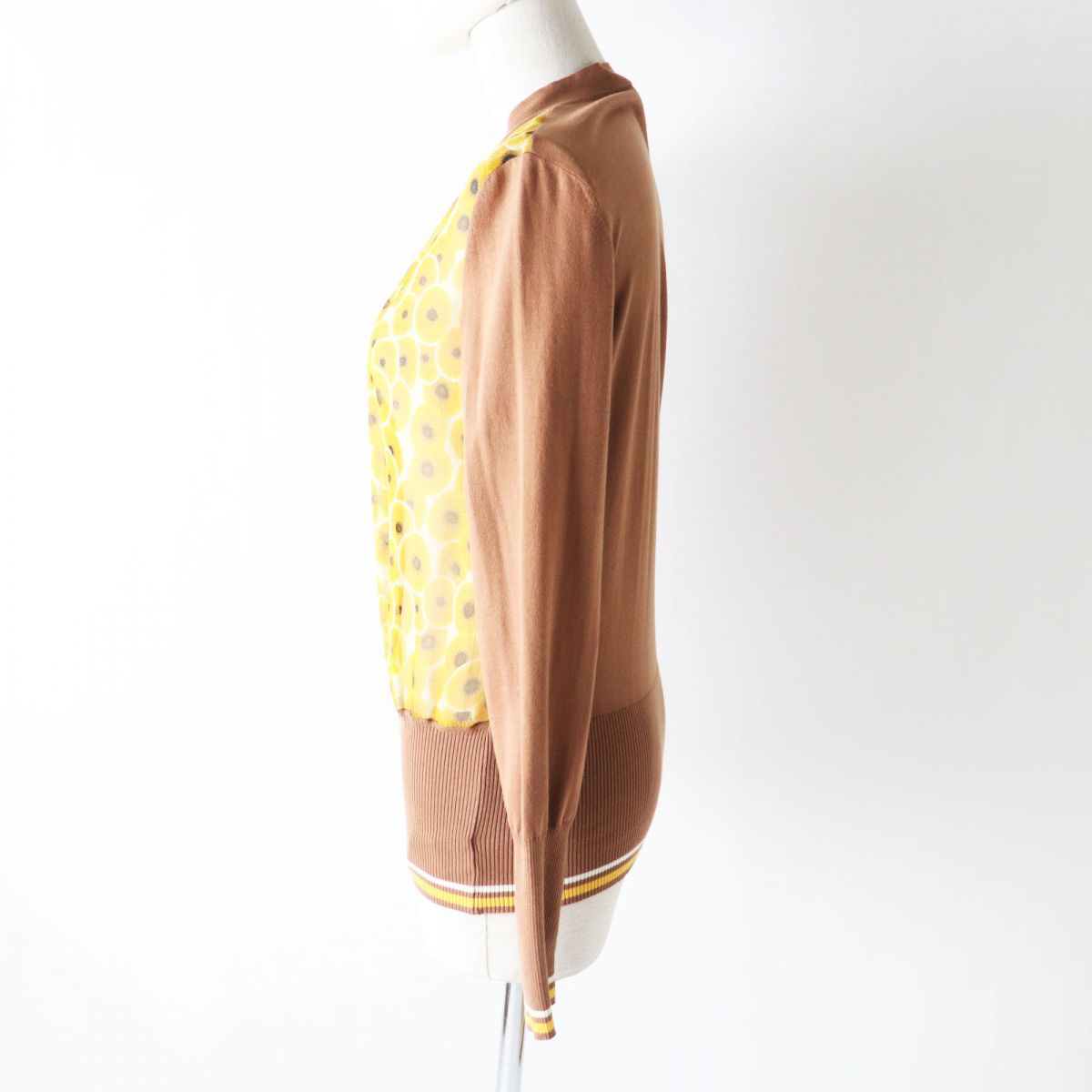 HERMES cardigan Part: 100% silk, Part: 100% cotton Brown x Yellow type (Sunflower Pattern) Women 38