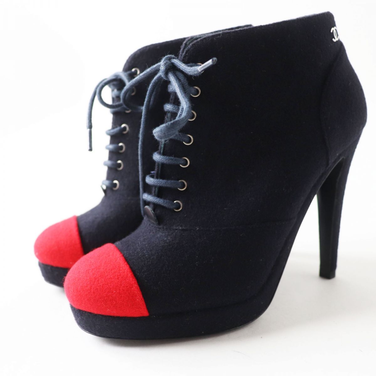 CHANEL Booties wool Navy x Red xSilver Women 35 1/2 C