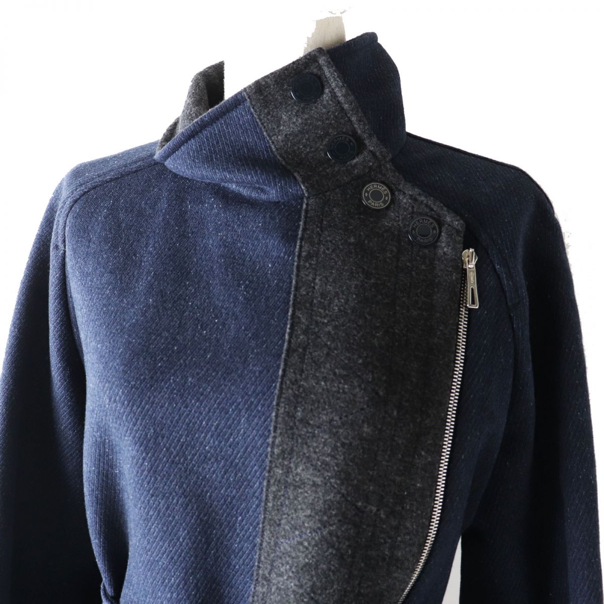 HERMES coat Main: 70% wool, Main: 30% mohair, Part: leather Blue x gray Women 34