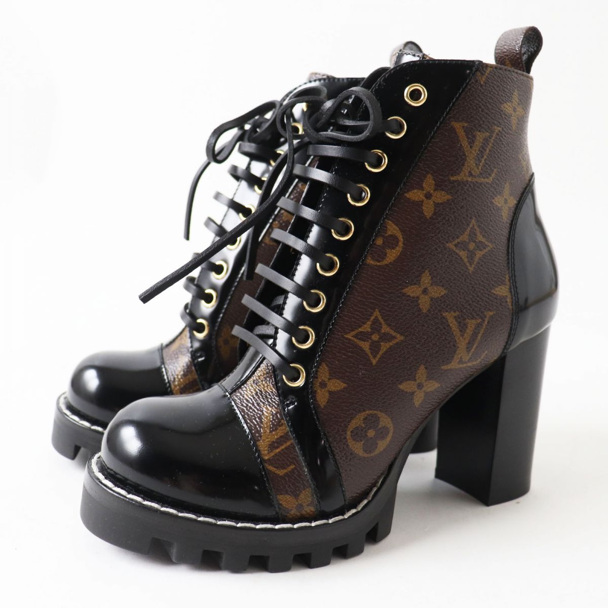 LOUIS VUITTON boots Patent leather x monogram canvas Black x Brown (Monogram Pattern) Women 37