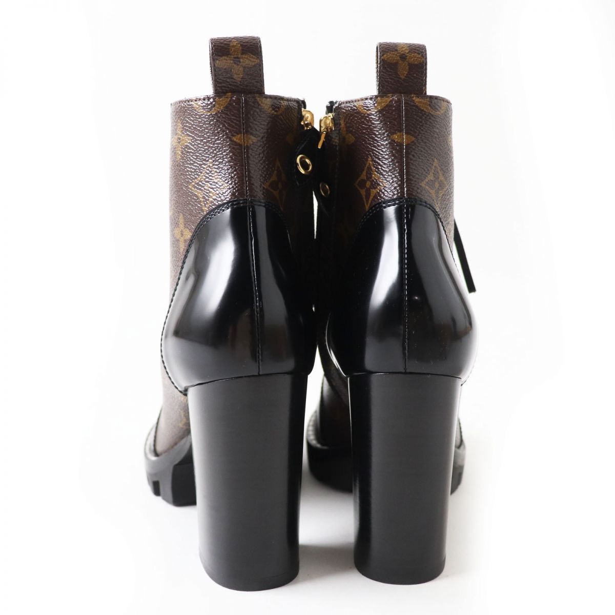 LOUIS VUITTON boots Patent leather x monogram canvas Black x Brown (Monogram Pattern) Women 37