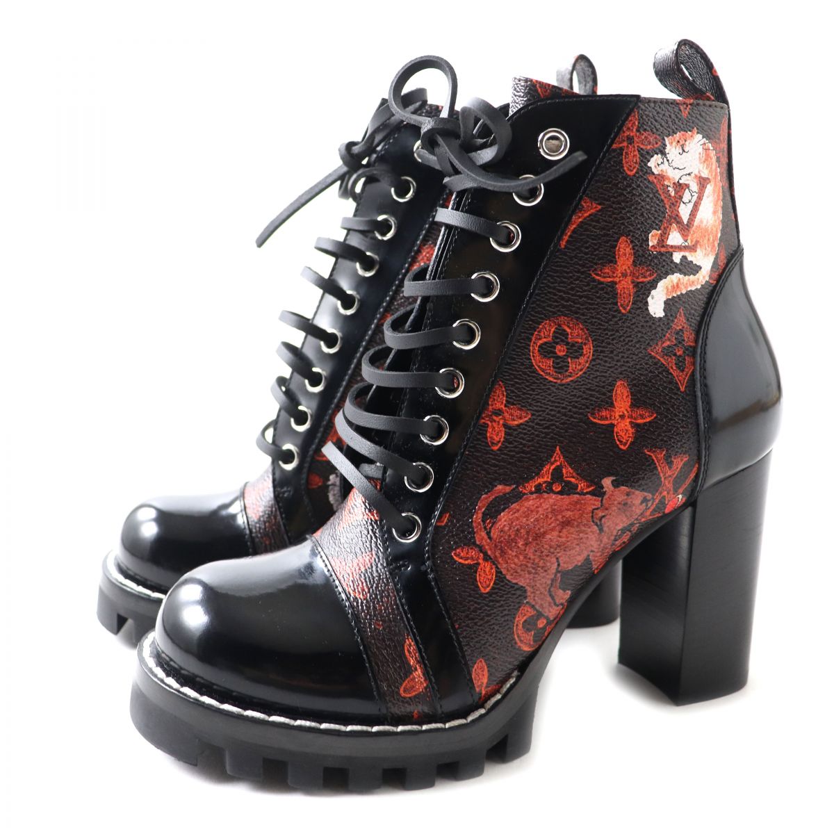 LOUIS VUITTON boots Main: Monogram canvas, Main: Patent leather Black x orange Women 37