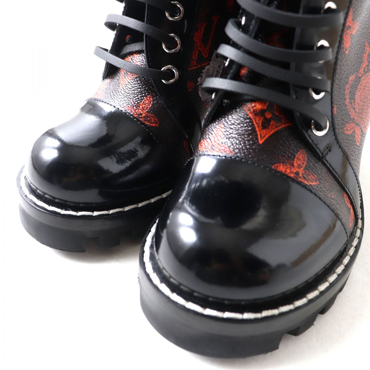LOUIS VUITTON boots Main: Monogram canvas, Main: Patent leather Black x orange Women 37