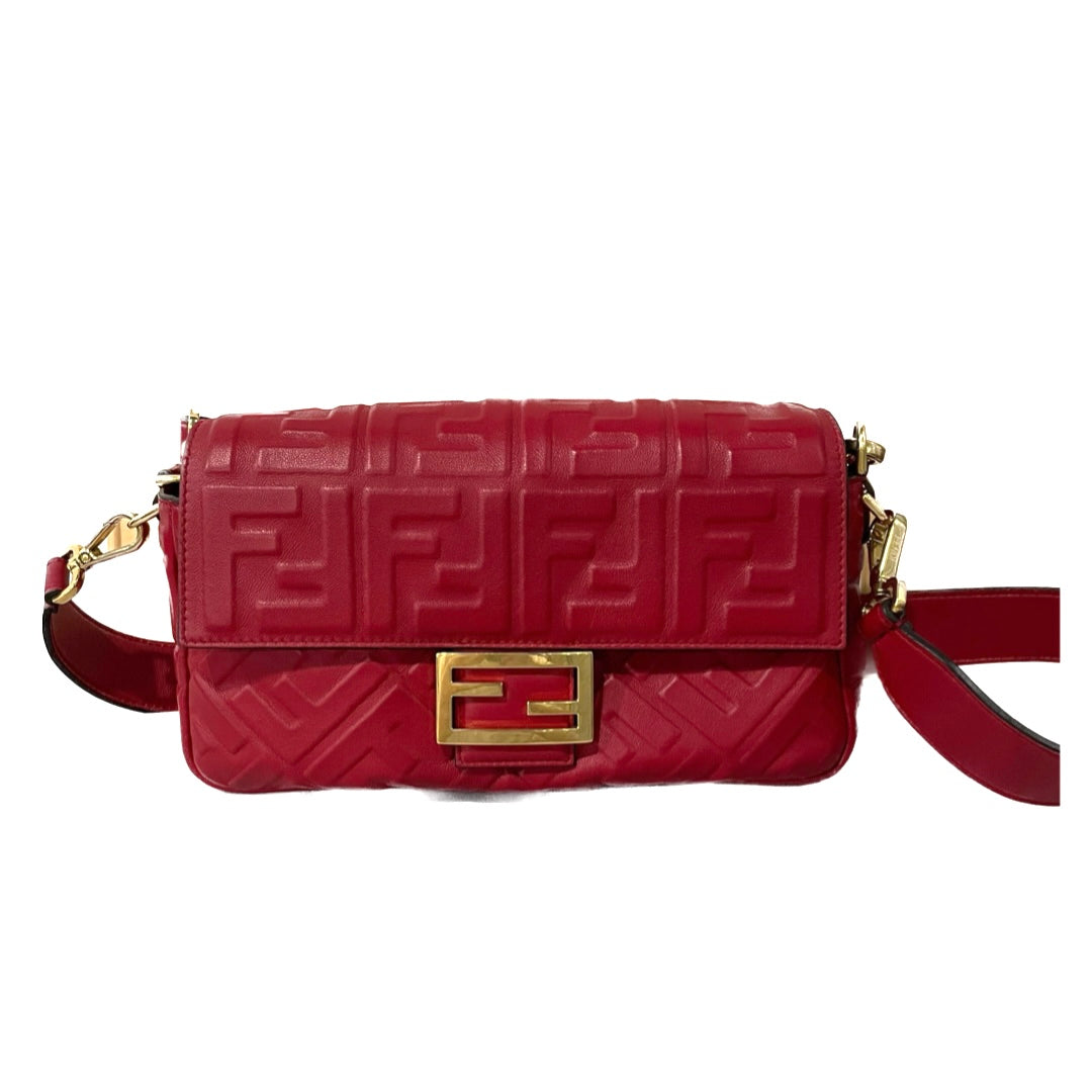 Sold FENDI Baguette Red Soft Lambskin Nappa Leather 3D FF Motif Crossbody