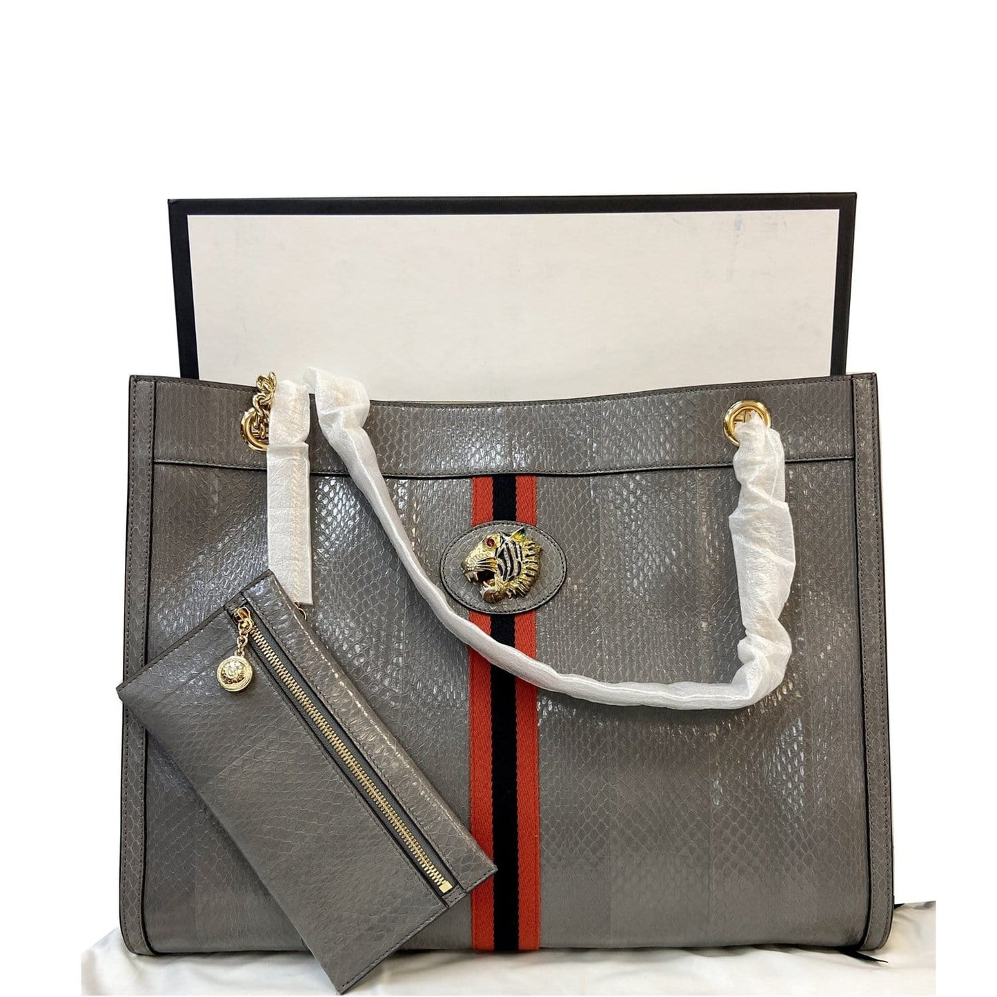 GUCCI Rajah Large Snakeskin Tote Shoulder Bag Dusty Grey 537219 - Last Call