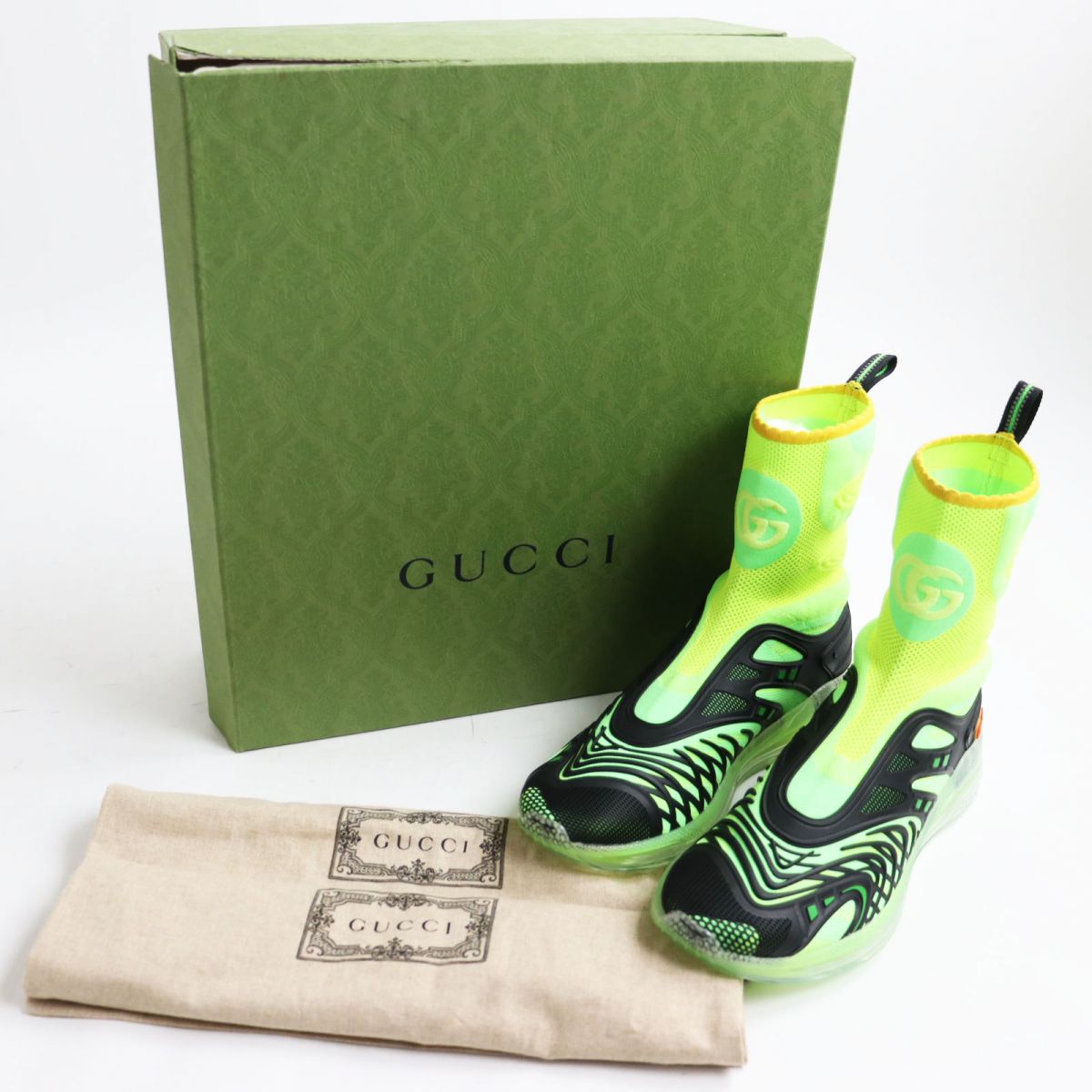 GUCCI sneakers Main: Nylon, Main: Rubber black x fluorescent green mens 8.5
