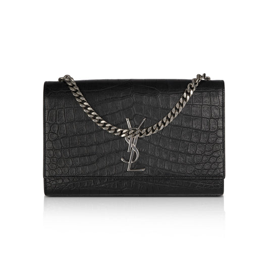 Saint Laurent Black Medium Croc Embossed Classic Kate Double Handle Satchel
