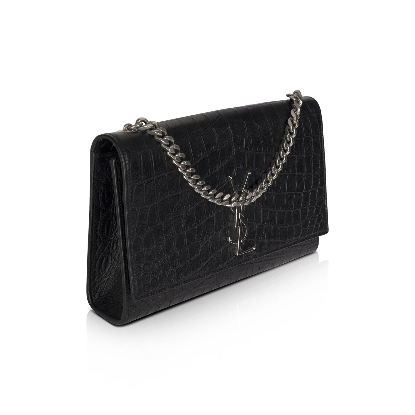 Saint Laurent Black Medium Croc Embossed Classic Kate Double Handle Satchel