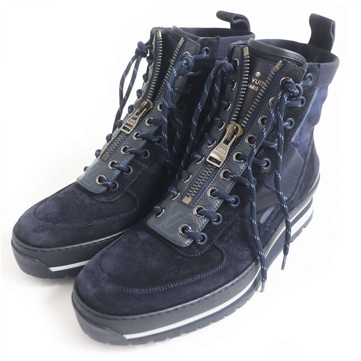 LOUIS VUITTON High cut sneakers Leather canvas Navy mens 6.5