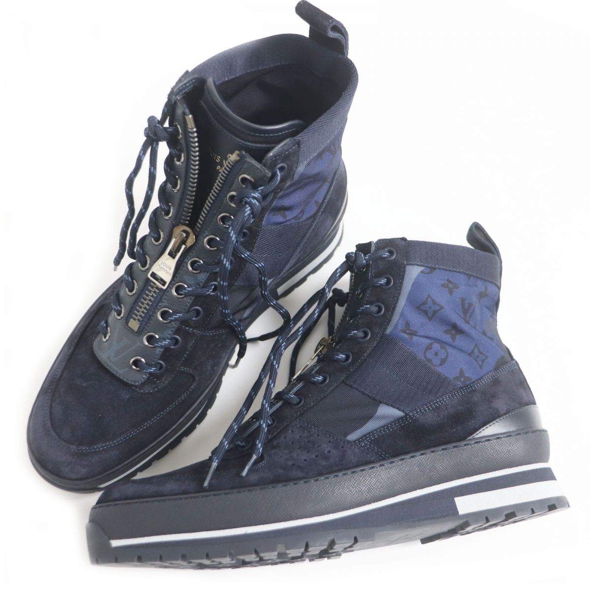 LOUIS VUITTON High cut sneakers Leather canvas Navy mens 6.5