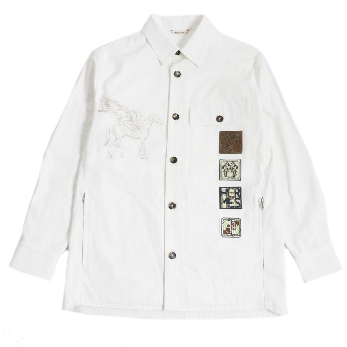 HERMES Long sleeve shirt Main: 54% rayon, Main: 46% cotton, Leather part: cowhide, Part: 100% cotton white mens 46