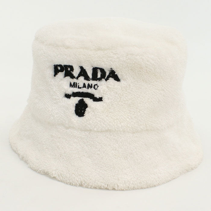 PRADA 1HC137 2DXO hat Terry cloth fur lettering logo Bucket hat polyester white Women