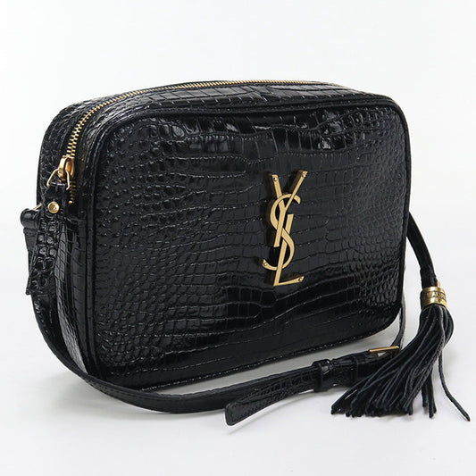 SAINT LAURENT 612544 Diagonal Shoulder Bag/Croco embossed leather black Women